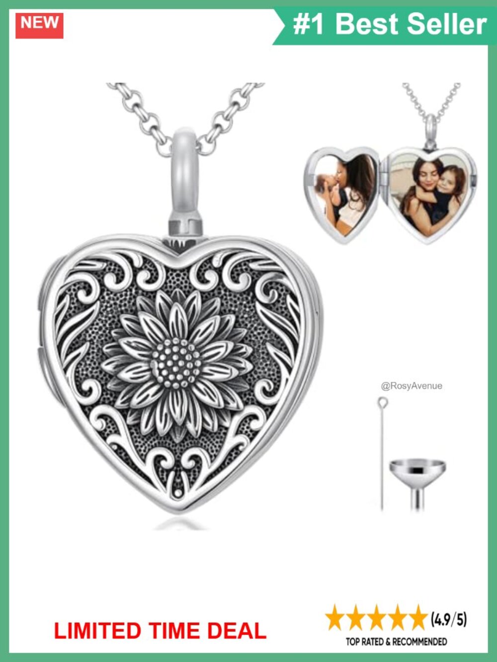 925 Sterling Silver Sunflower Urn Necklace Heart Locket Ashes Memorial Jewelry